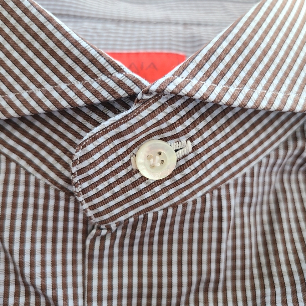 ISAIA ❤️ Cotton Gingham Striped Dress Shirt - 2XL, Brown/White